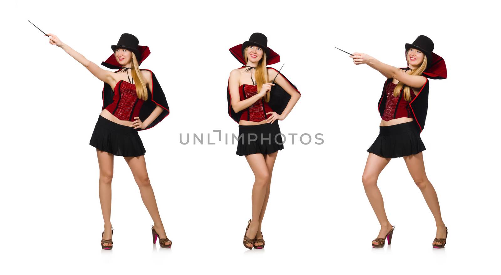 Woman magician with magic wand on white