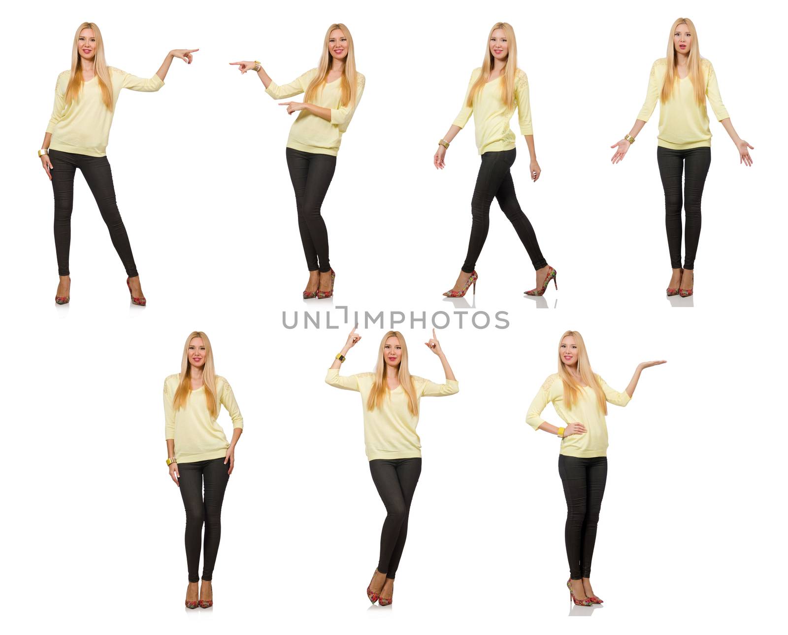 Pretty woman in yellow blouse isolated on white