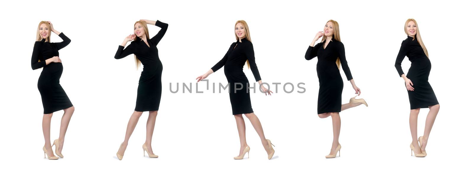 Pretty pregnant woman in black dress isolated on white
