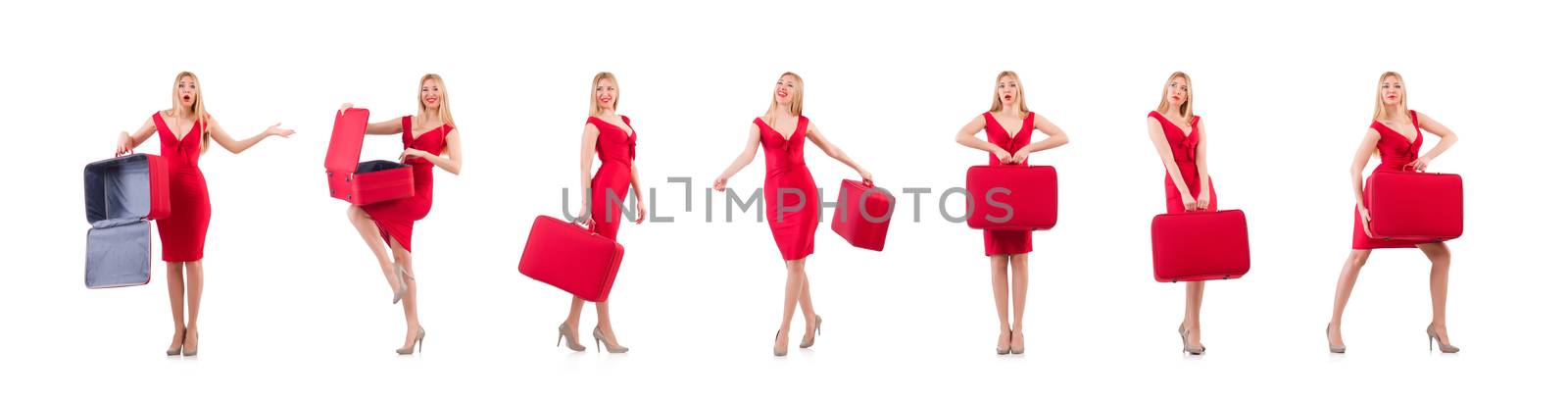 Woman in red dress and travel case isolated on white by Elnur