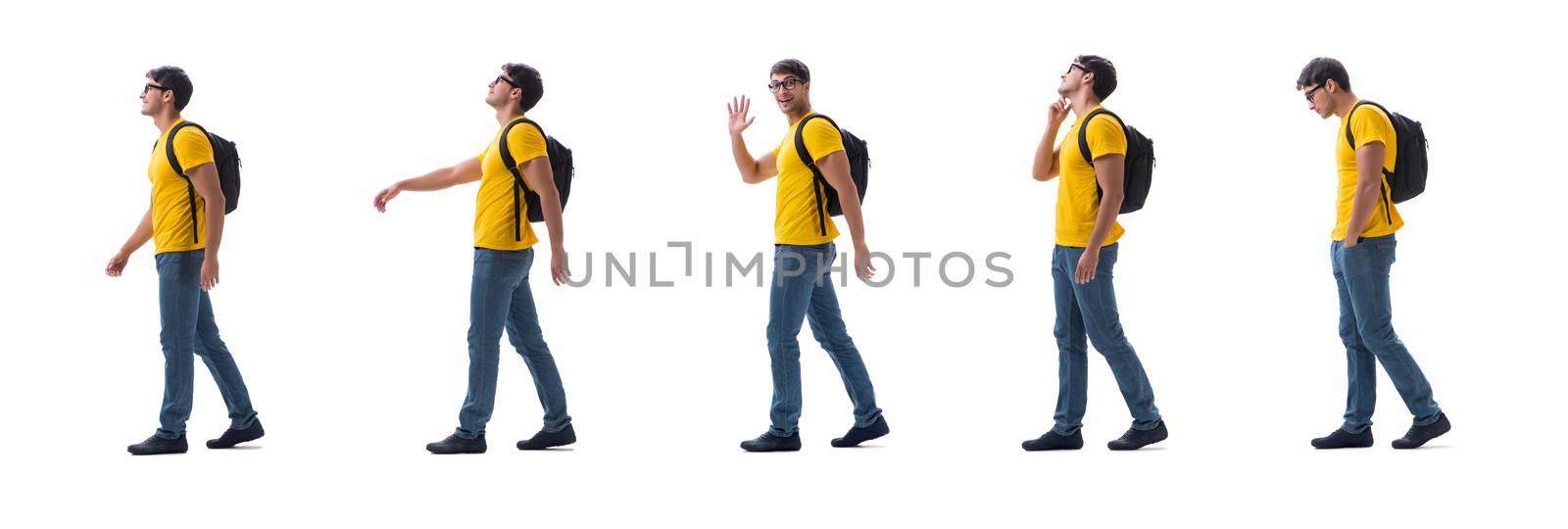 Student with backpack isolated on white 