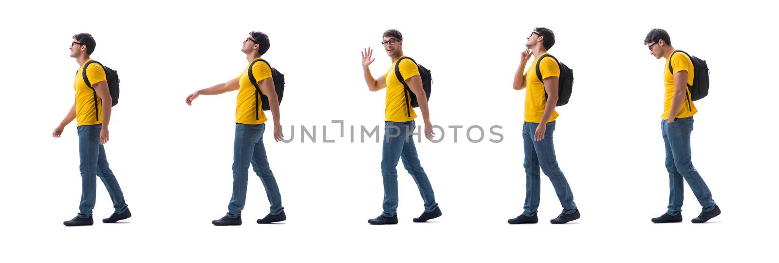 Student with backpack isolated on white 