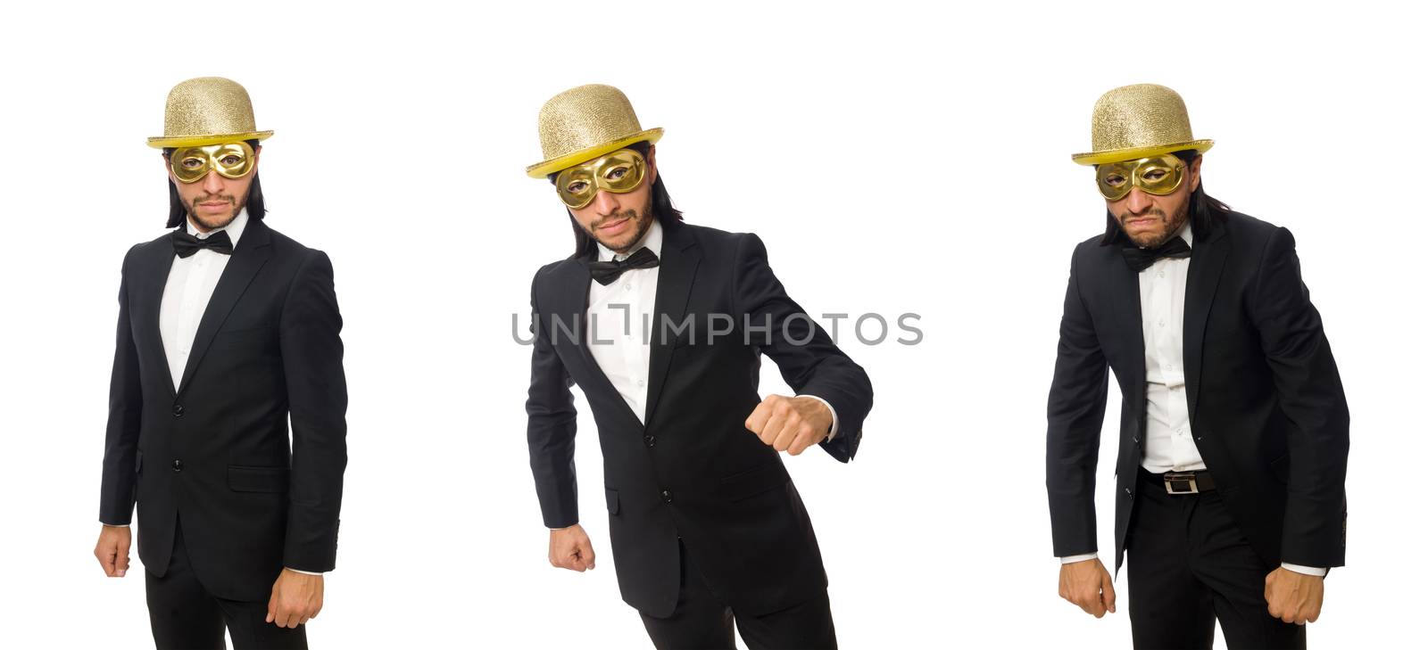 Funny man wearing mask isolated on white