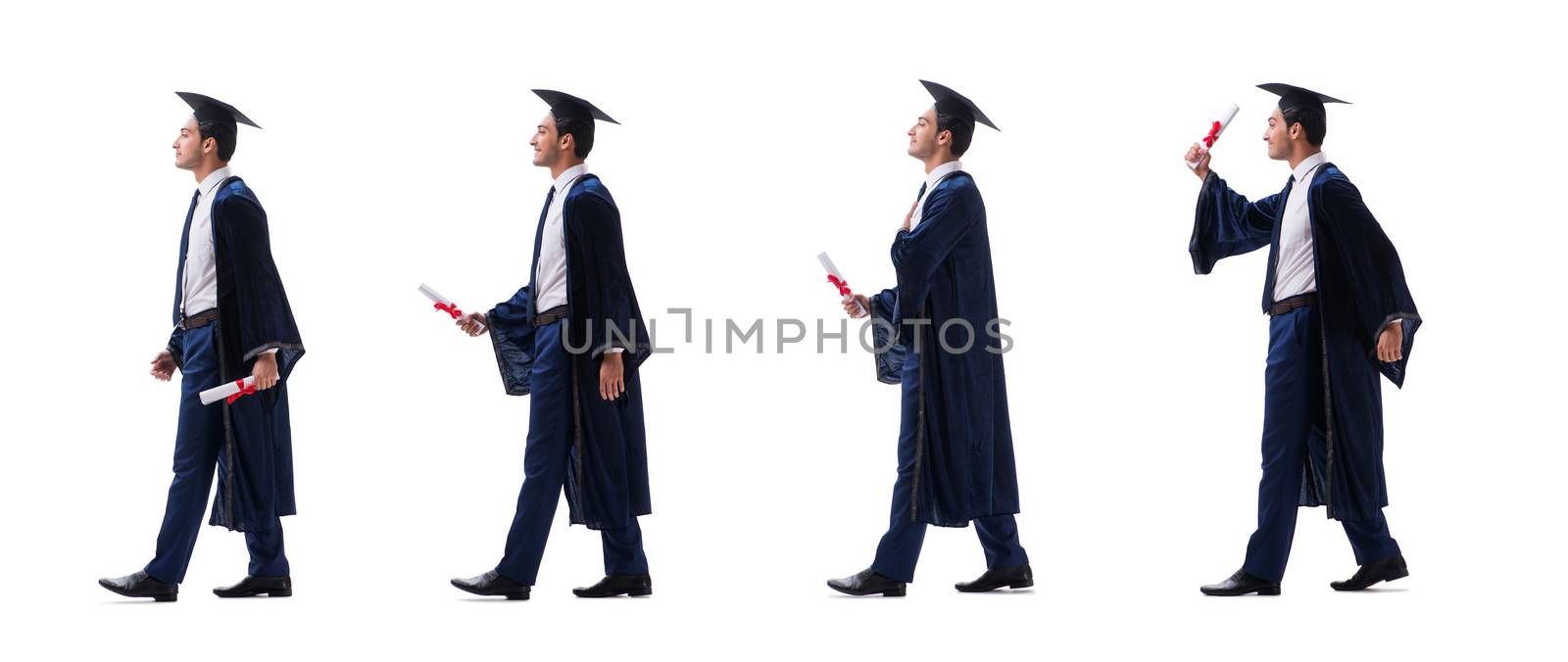 Young man happy with his graduation isolated on white 