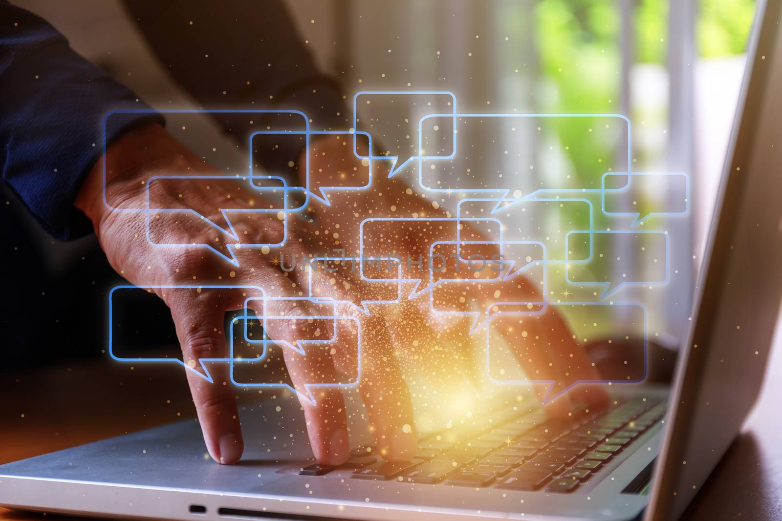 Lifestyle and technology concept  Close up man hands with laptop and bank chat boxs chart background. Man hands use computer network connect to social media around the world.