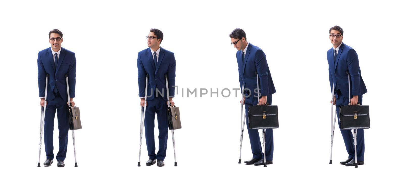Businessman walking with crutches isolated on white background