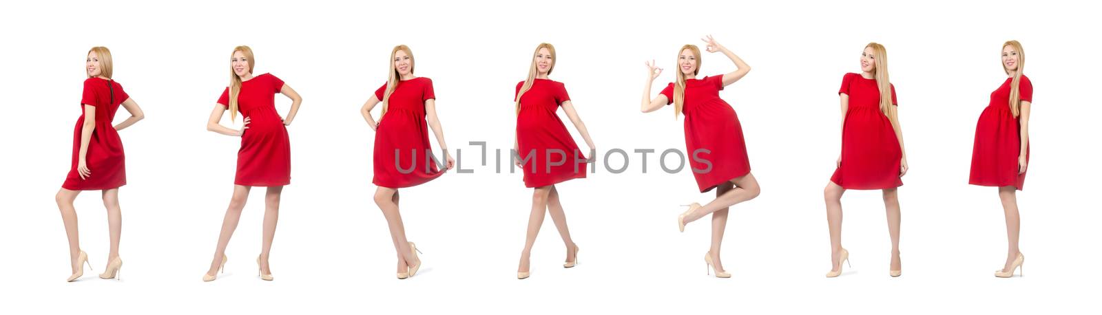 Pretty pregnant woman in red dress isolated on white