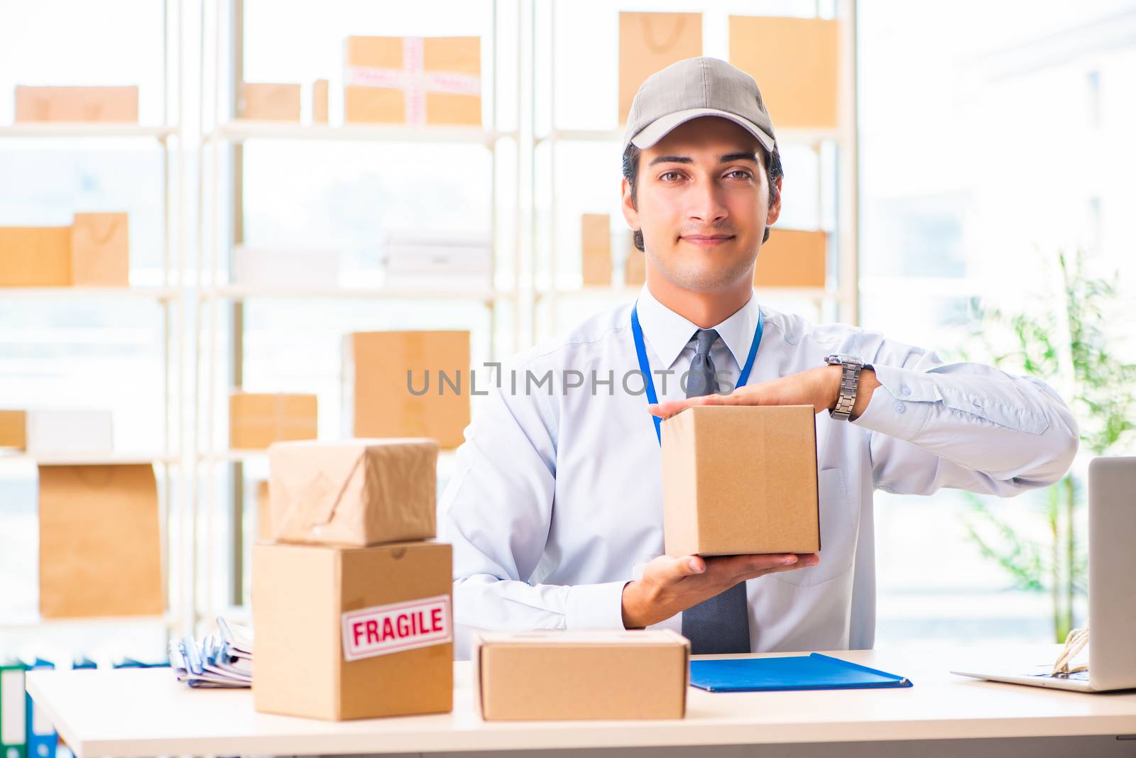 Male employee working in box delivery relocation service