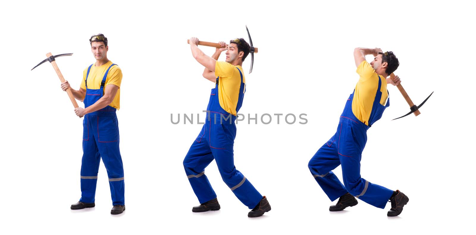 Young man contractor with axe isolated on white