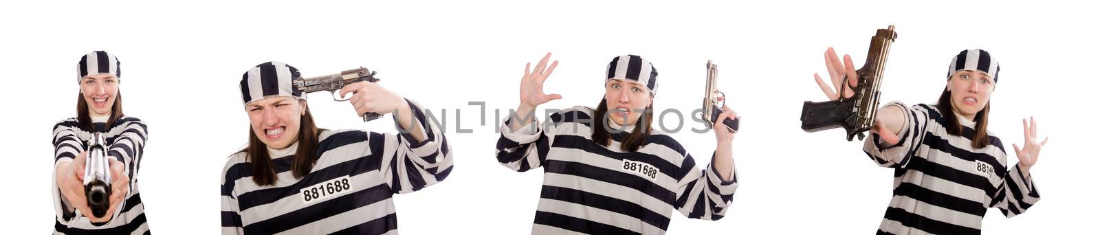 Young woman in prison isolated on white