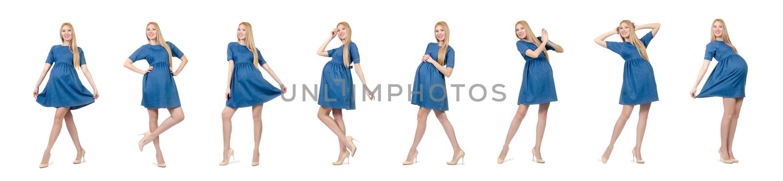 Beautiful pregnant woman in blue dress isolated on white