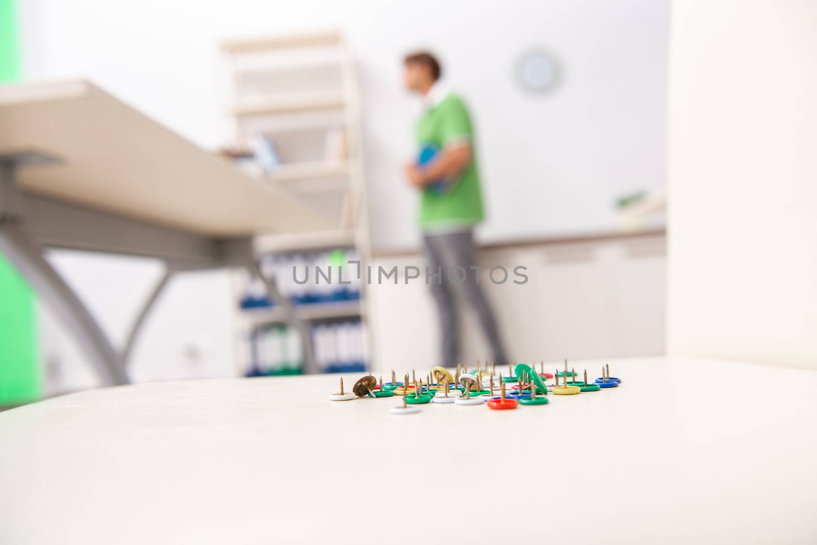 Office prank with sharp thumbtacks on chair