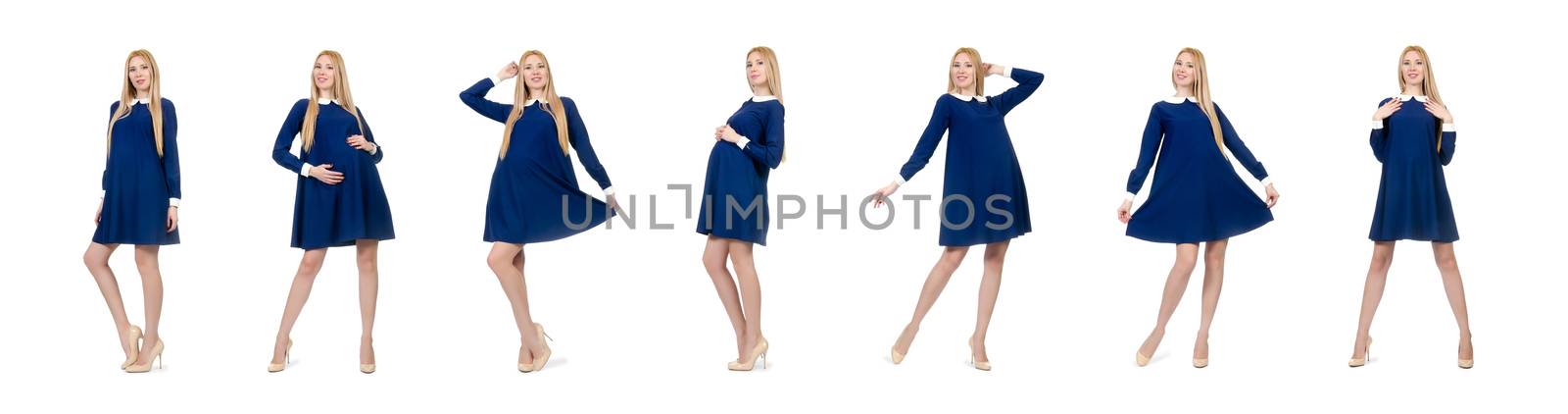 Beautiful pregnant woman in blue dress isolated on white