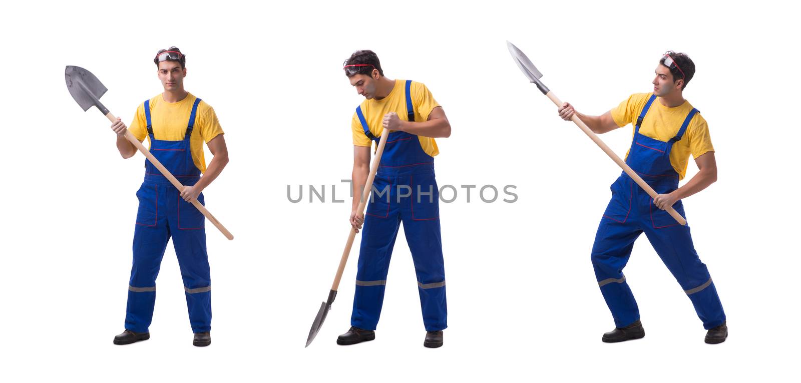 Contractor in blue coveralls with spade on white background