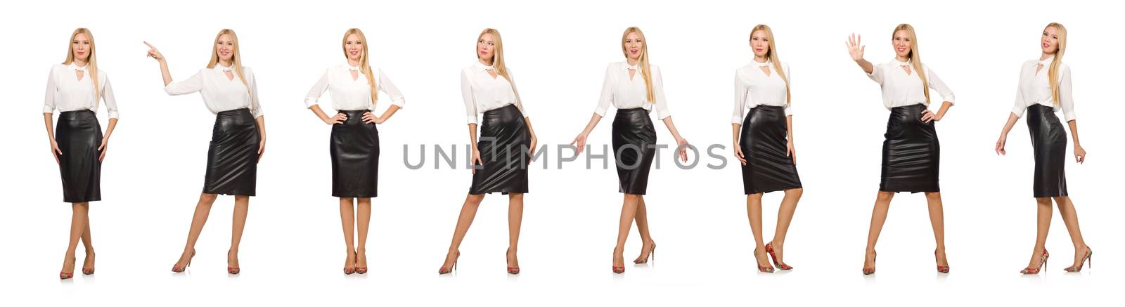 Pretty woman in leather skirt isolated on white by Elnur