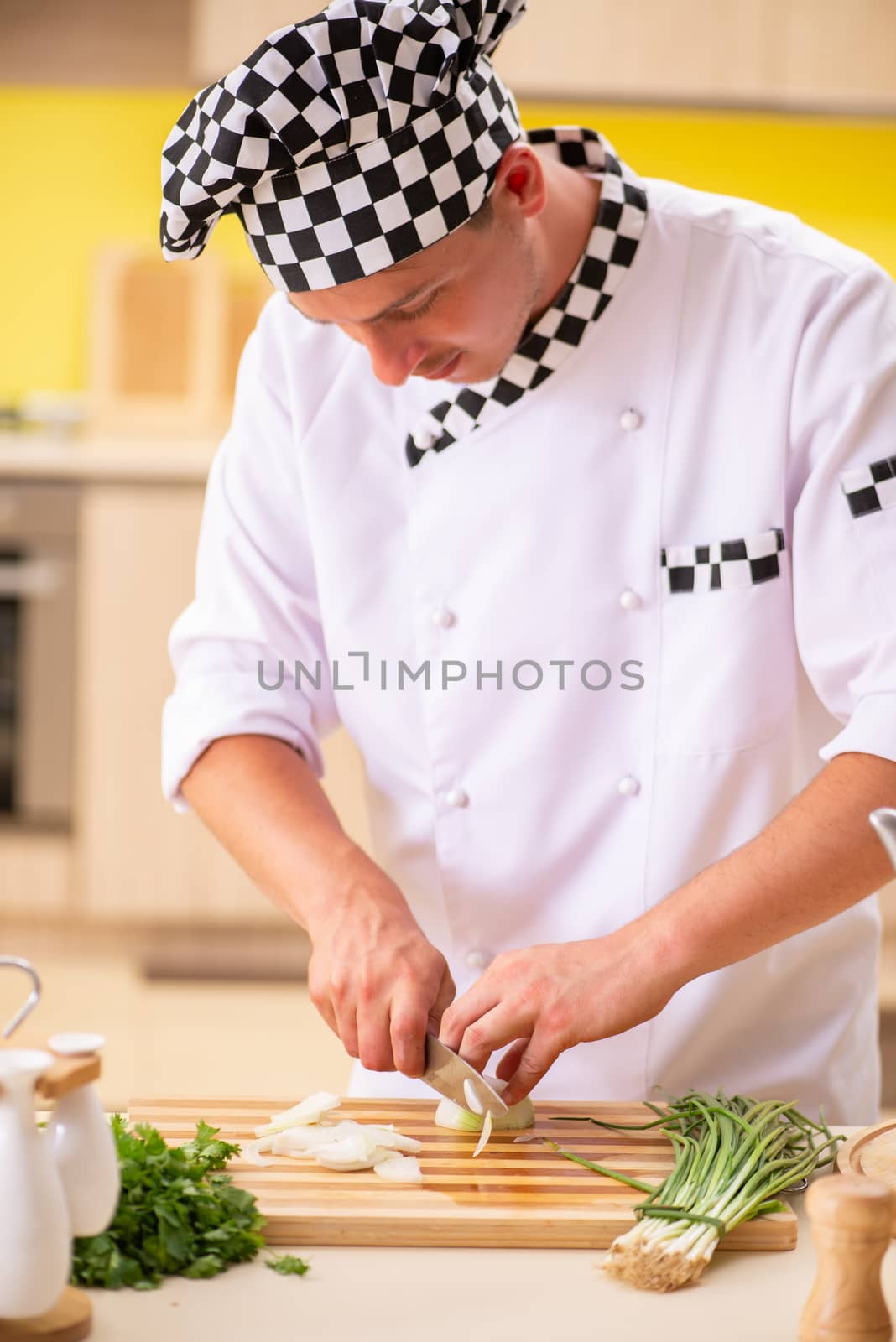 Young professional cook preparing salad at kitchen
