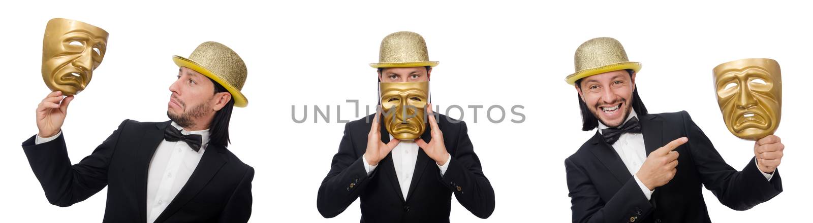 Man with theater mask isolated on white