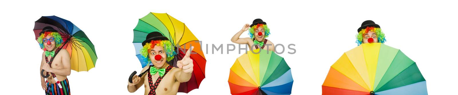 Clown with umbrella isolated on white
