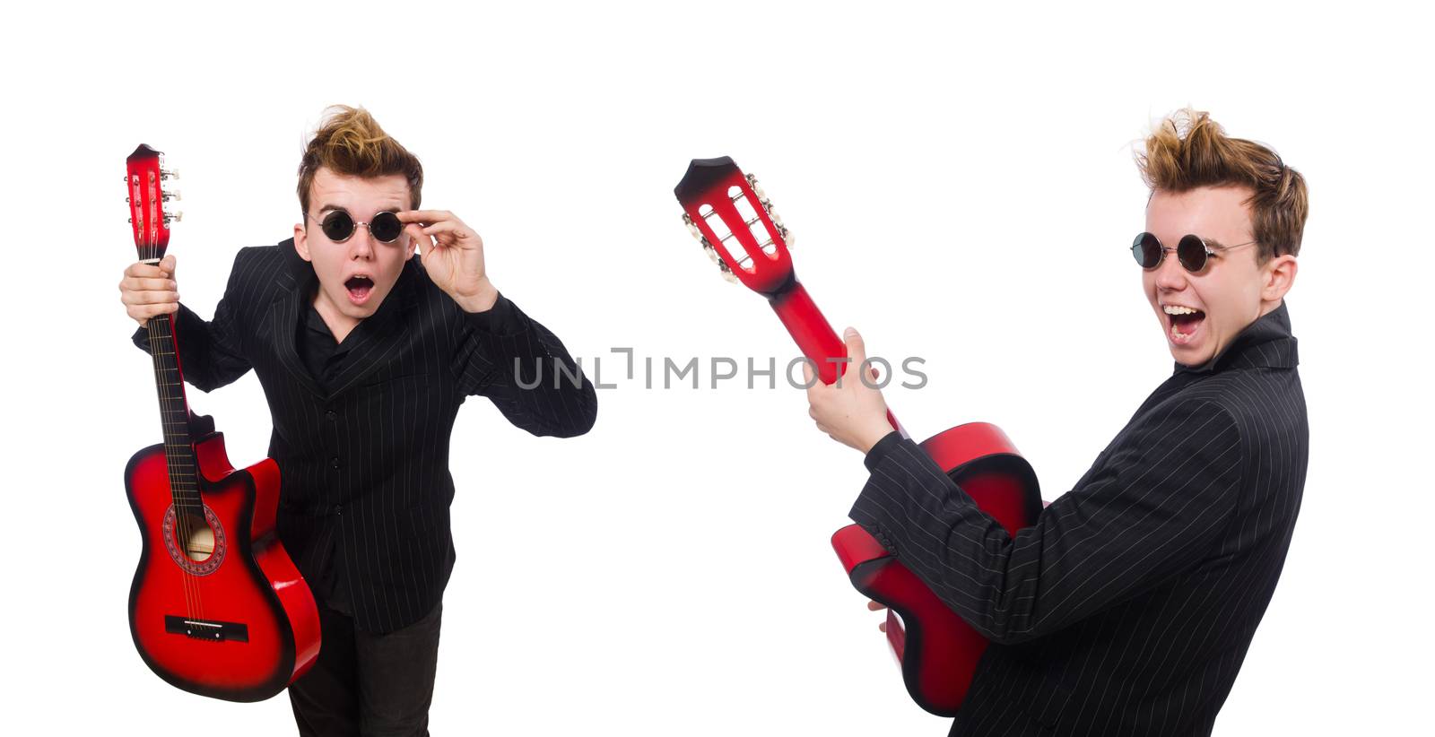 Man guitar player isolated on white