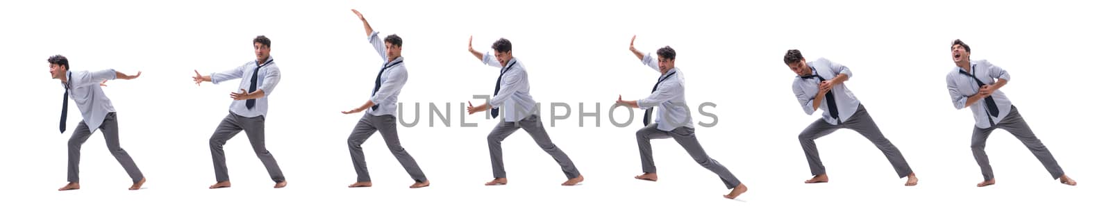 Young barefooted businessman isolated on white  