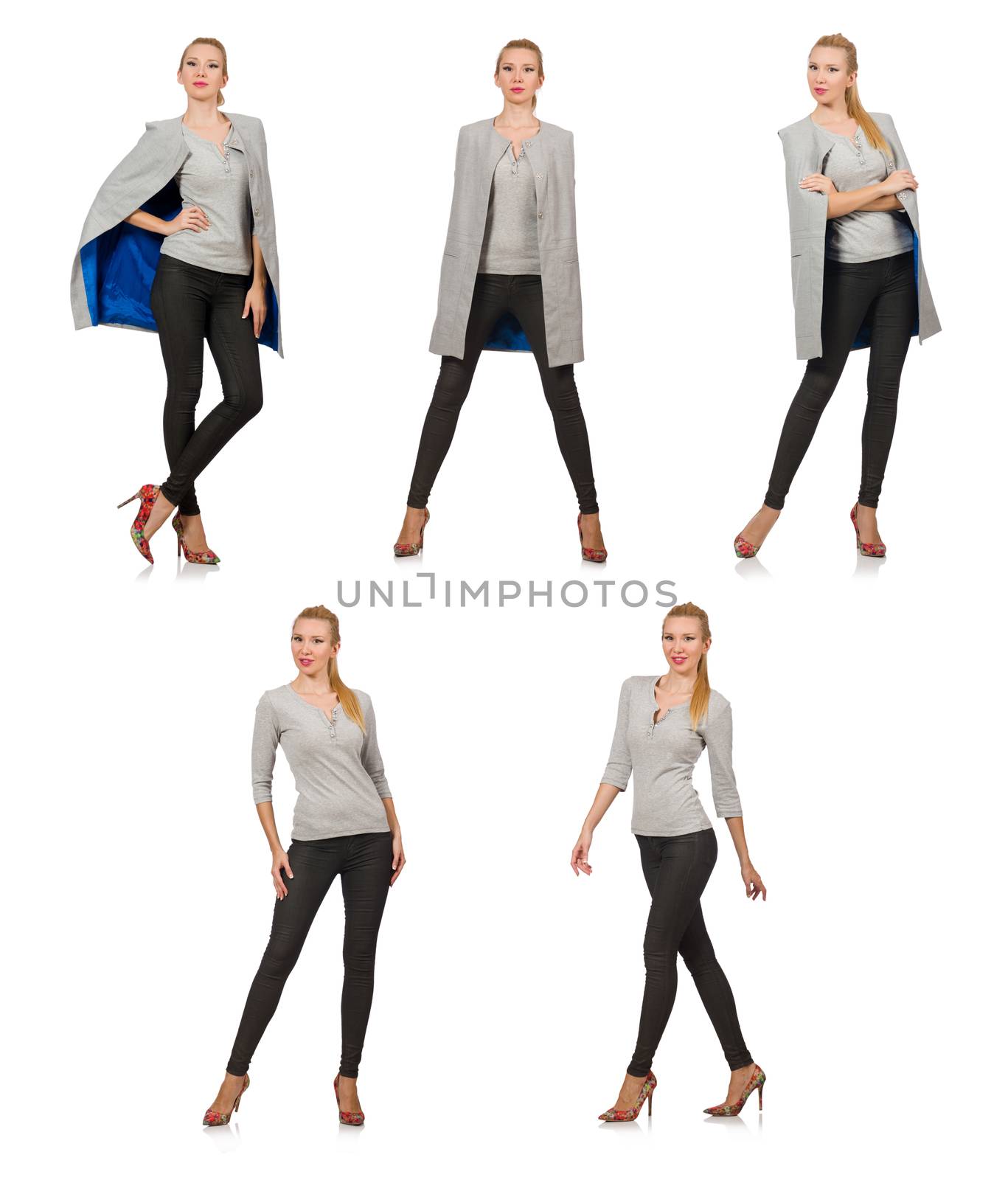 Pretty woman in gray blouse isolated on white