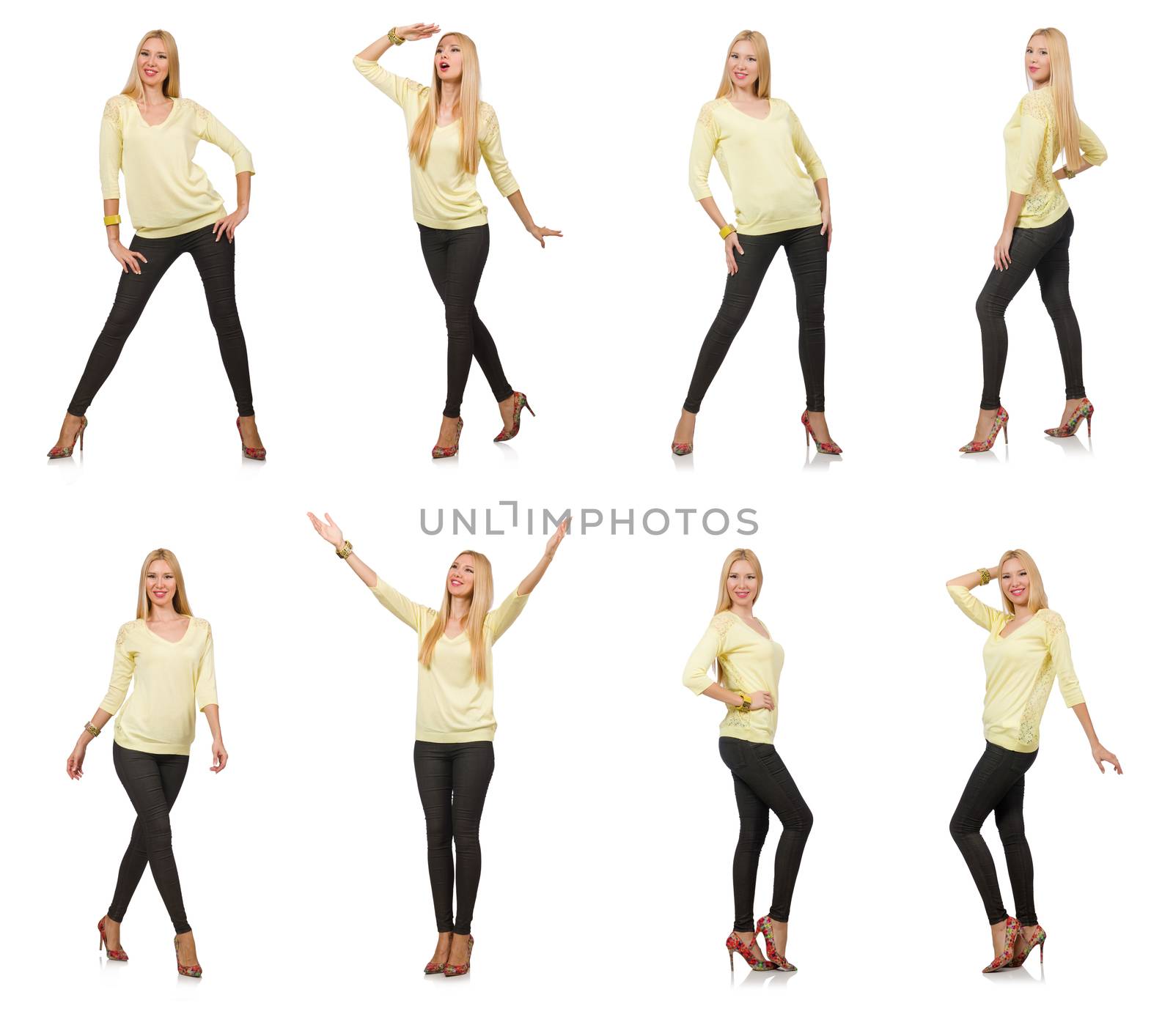 Pretty woman in yellow blouse isolated on white
