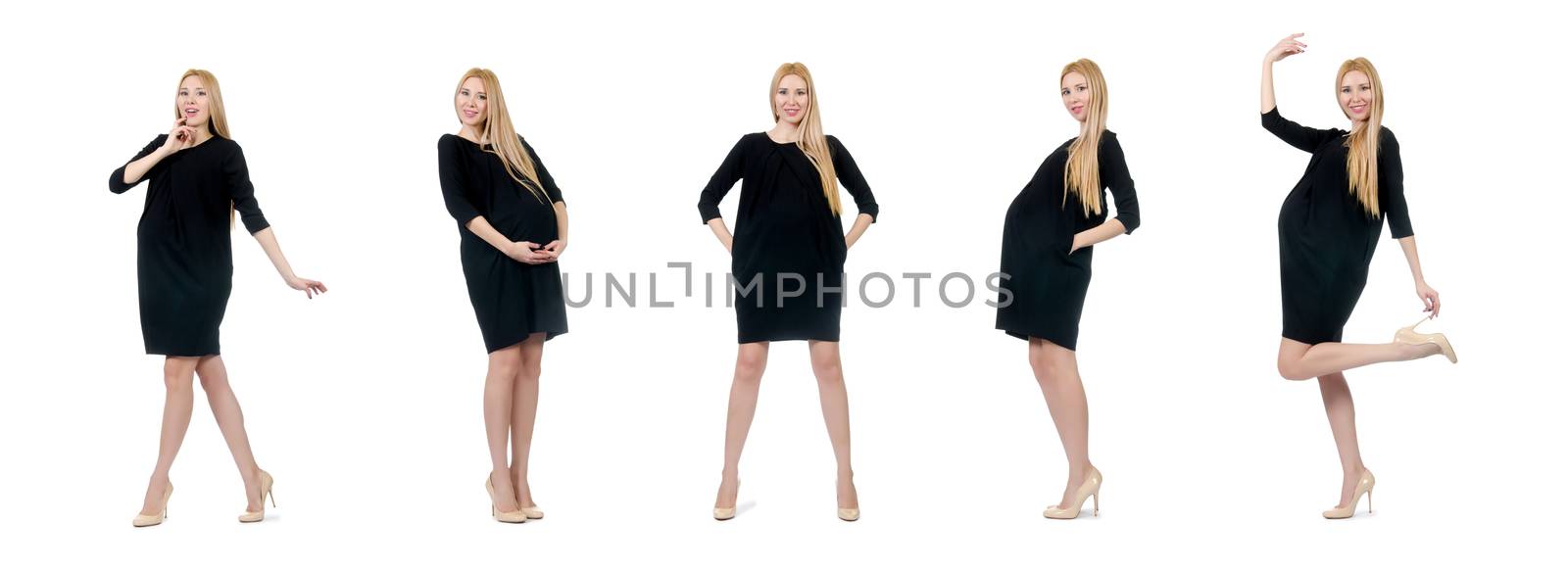Pretty pregnant woman in mini black dress isolated on white