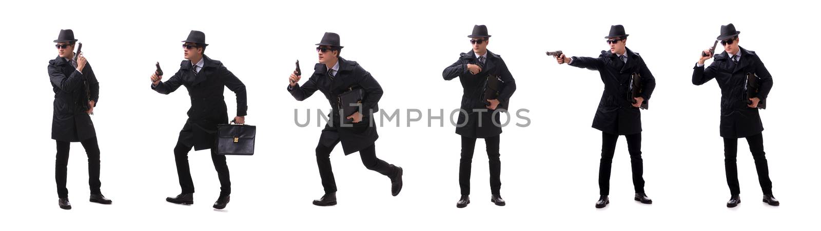 Man spy with handgun isolated on white background