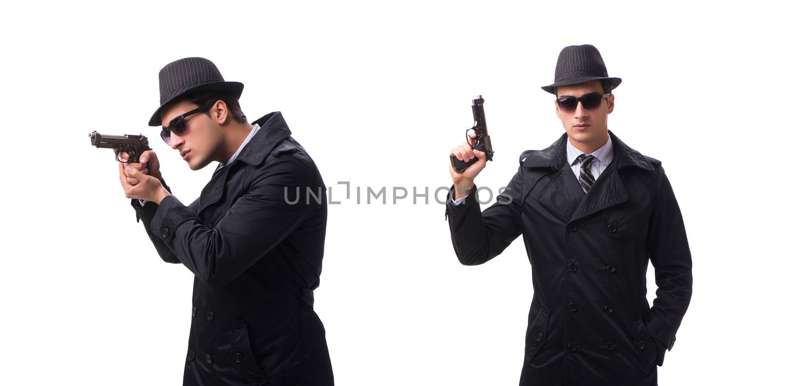 Man spy with handgun isolated on white background