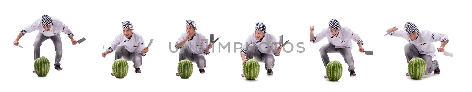 Young male cook with watermelon isolated on white