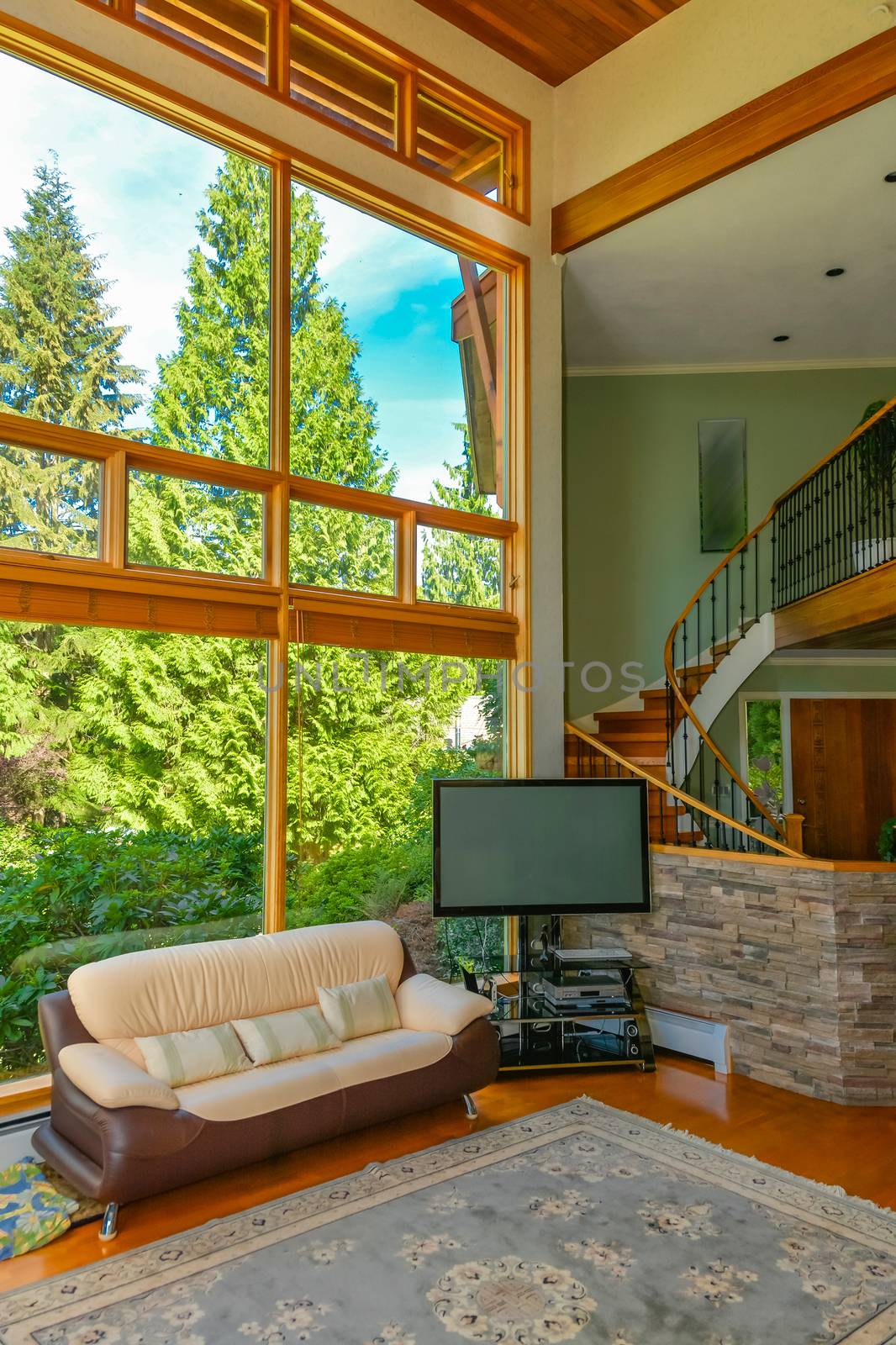 Wooden trim of beautiful living room interior with the rag on hardwood floor. Leather couch and TV set in front of huge window in living room