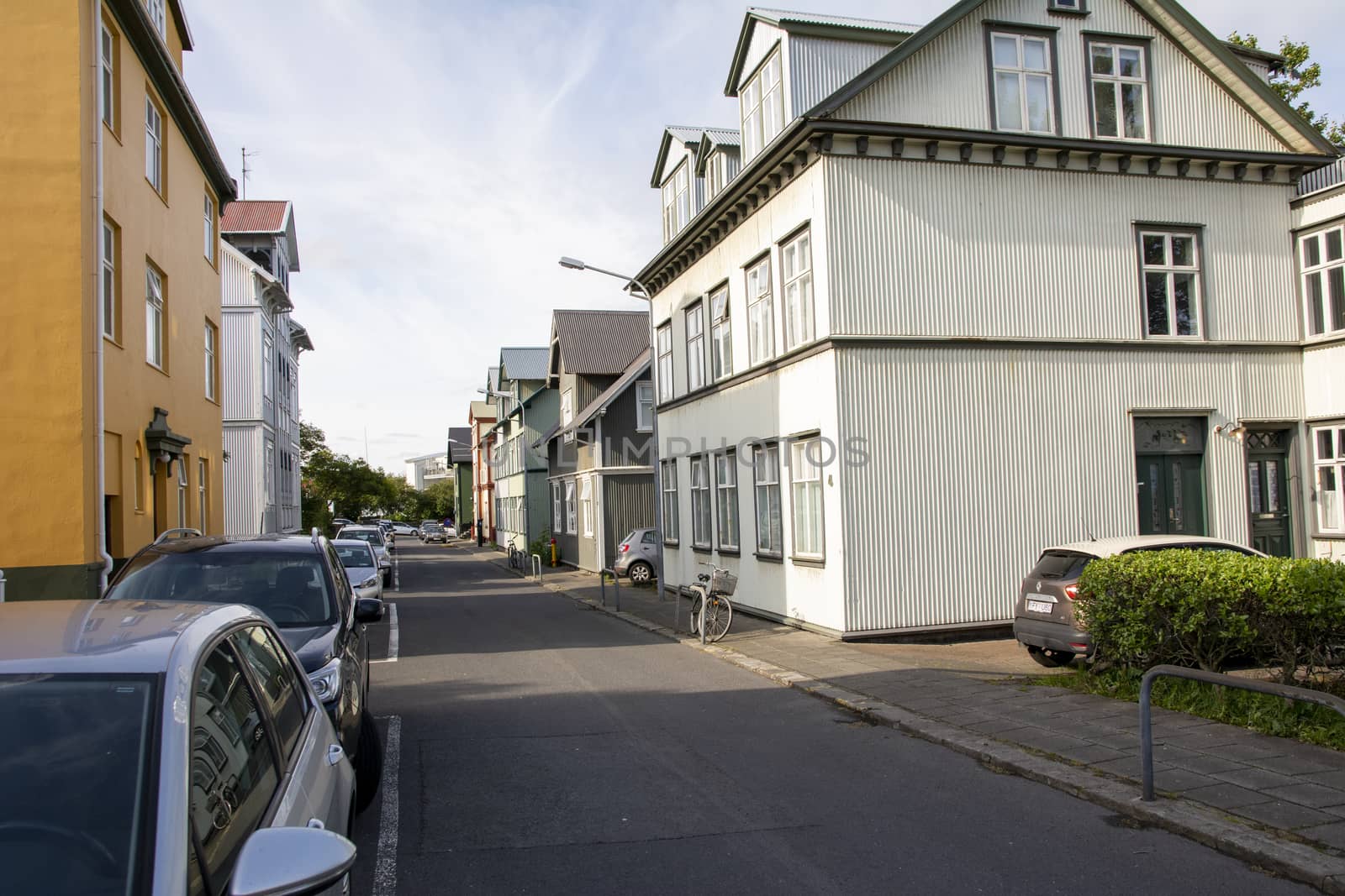 Reykjavik, Iceland, July 2019: view on the historical houses of Midstraeti, Reykjavik, Iceland