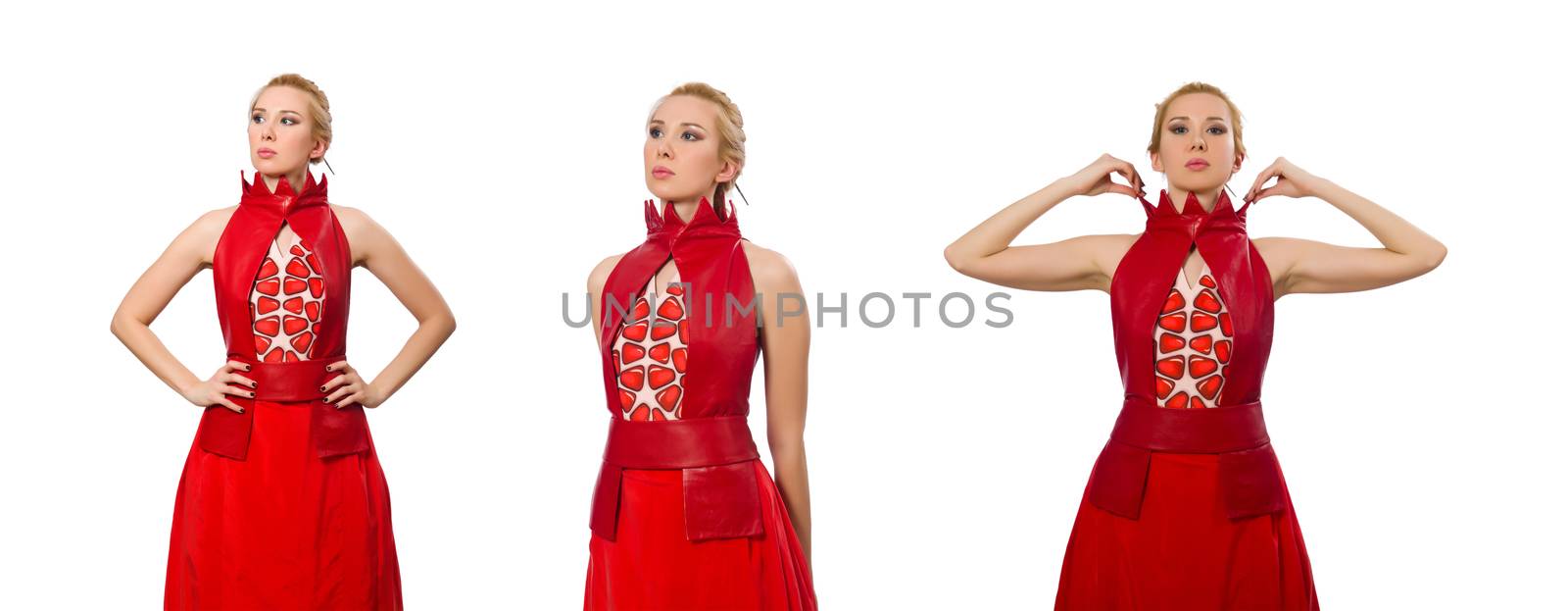Blond hair model in dress with pomegranate isolated on white by Elnur