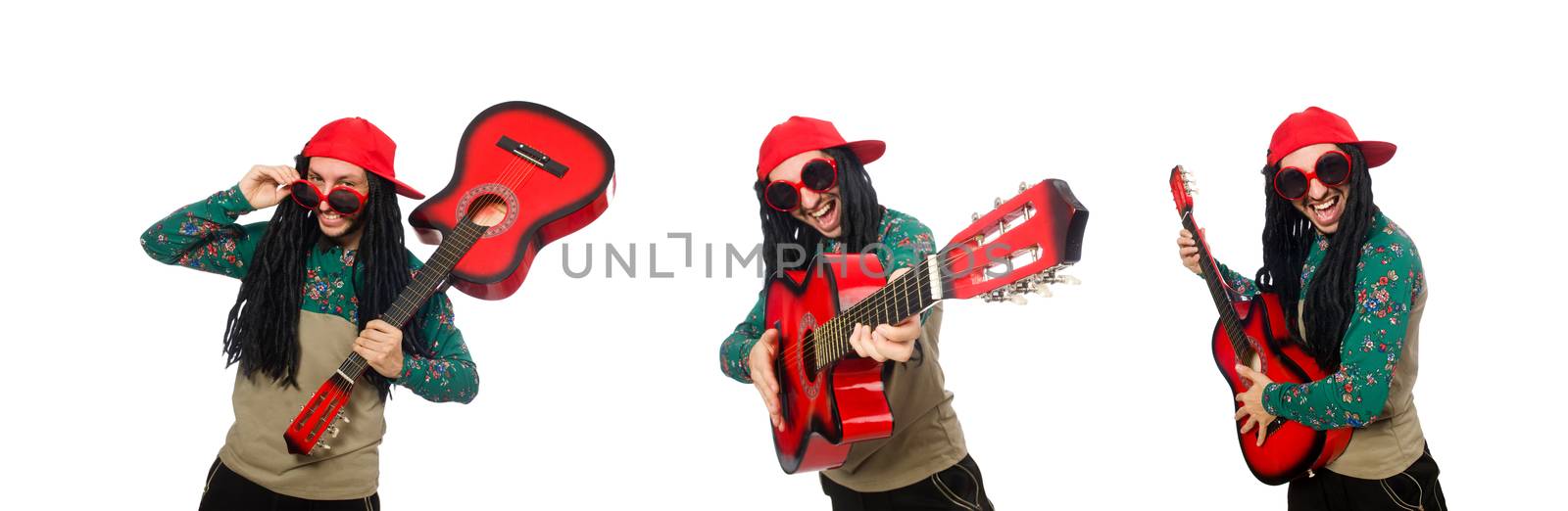 Man with guitar in musical concept on white