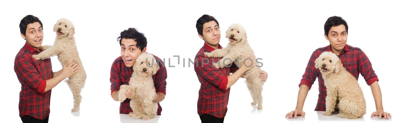 Young man with dog isolated on white