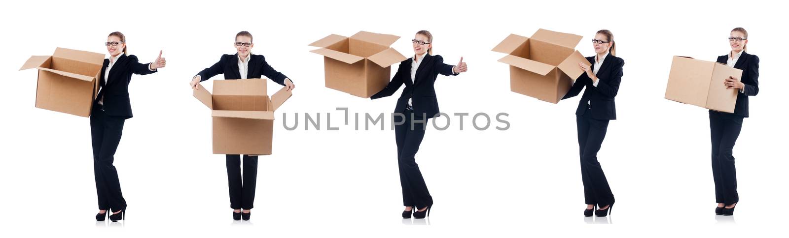 Woman businesswoman with boxes on white by Elnur