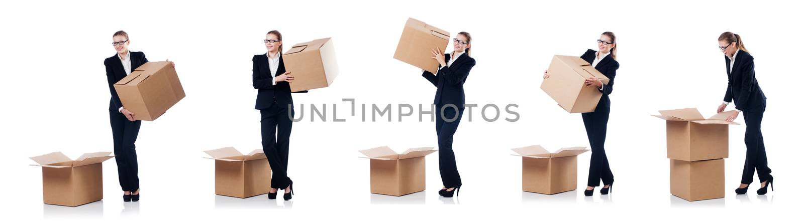 Woman businesswoman with boxes on white by Elnur