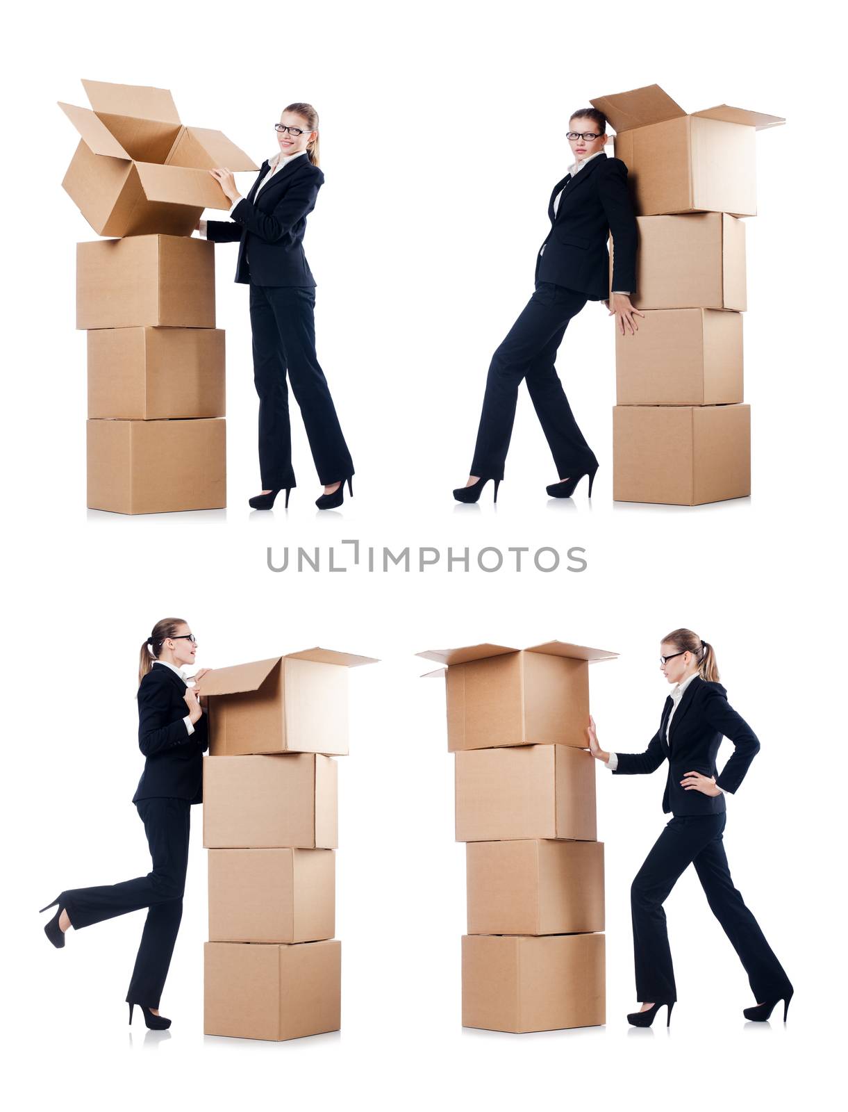 Businesswoman with boxes isolated on white