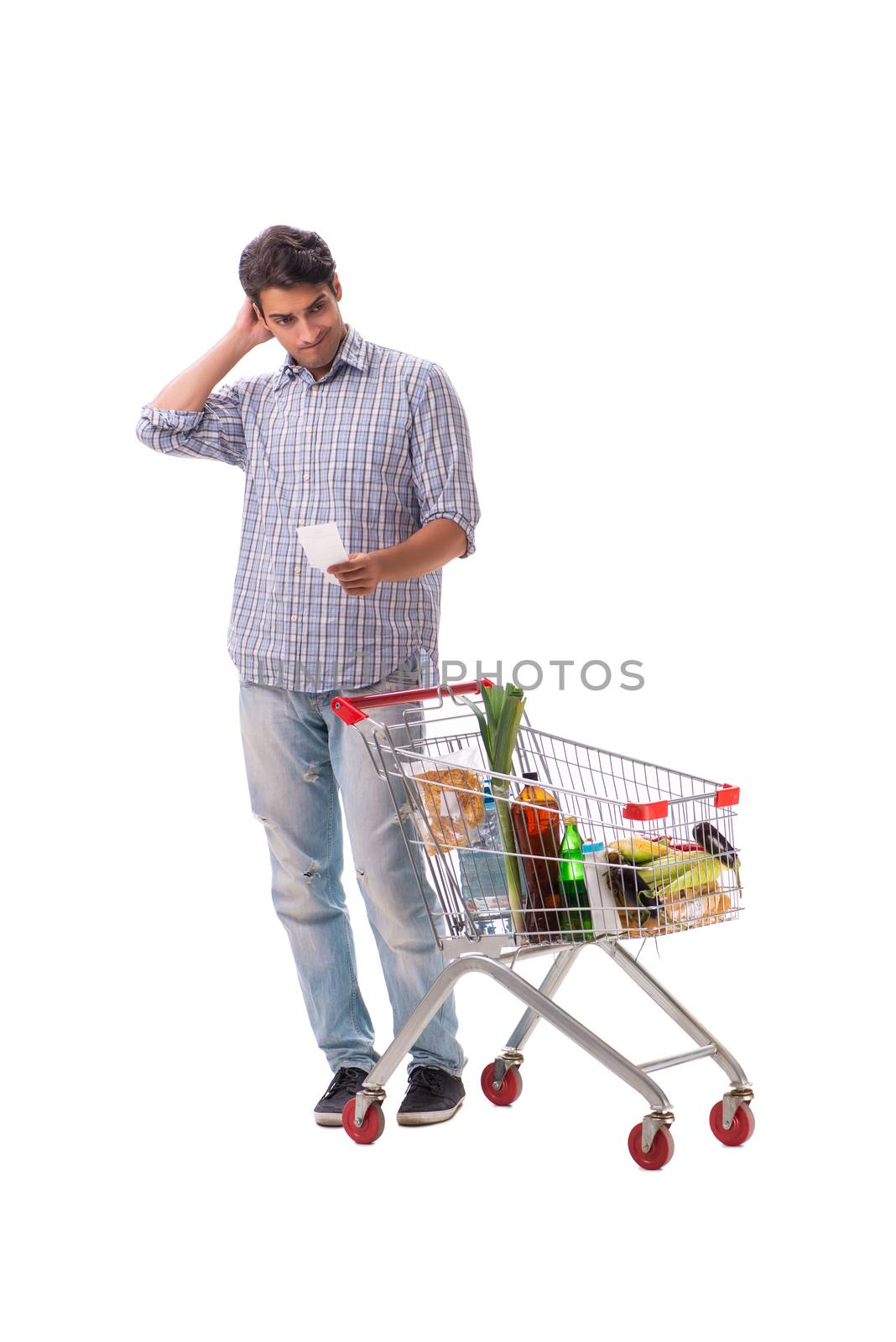 Young man with supermarket cart trolley on white