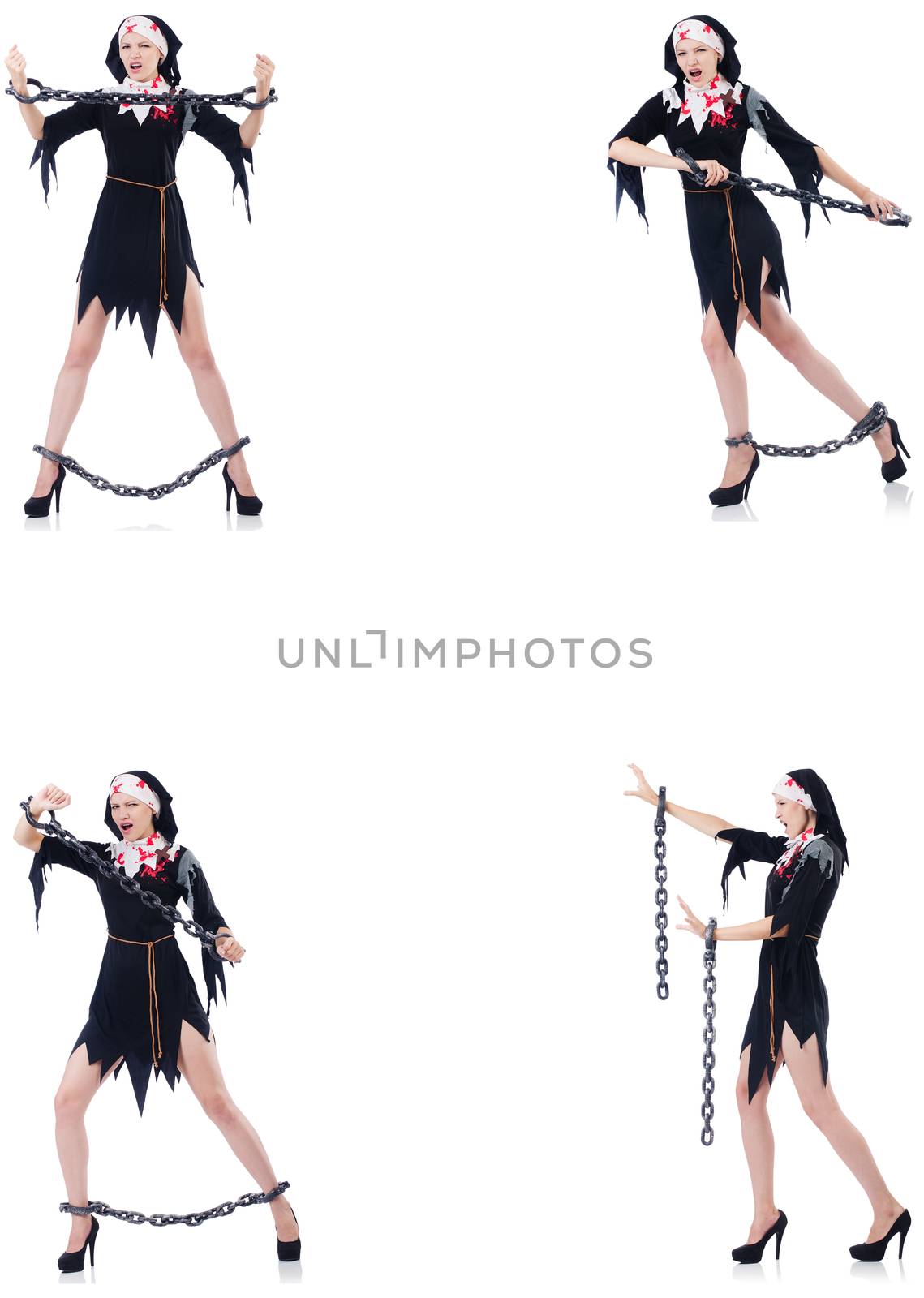 Young beautiful nun with shackles isolated on white