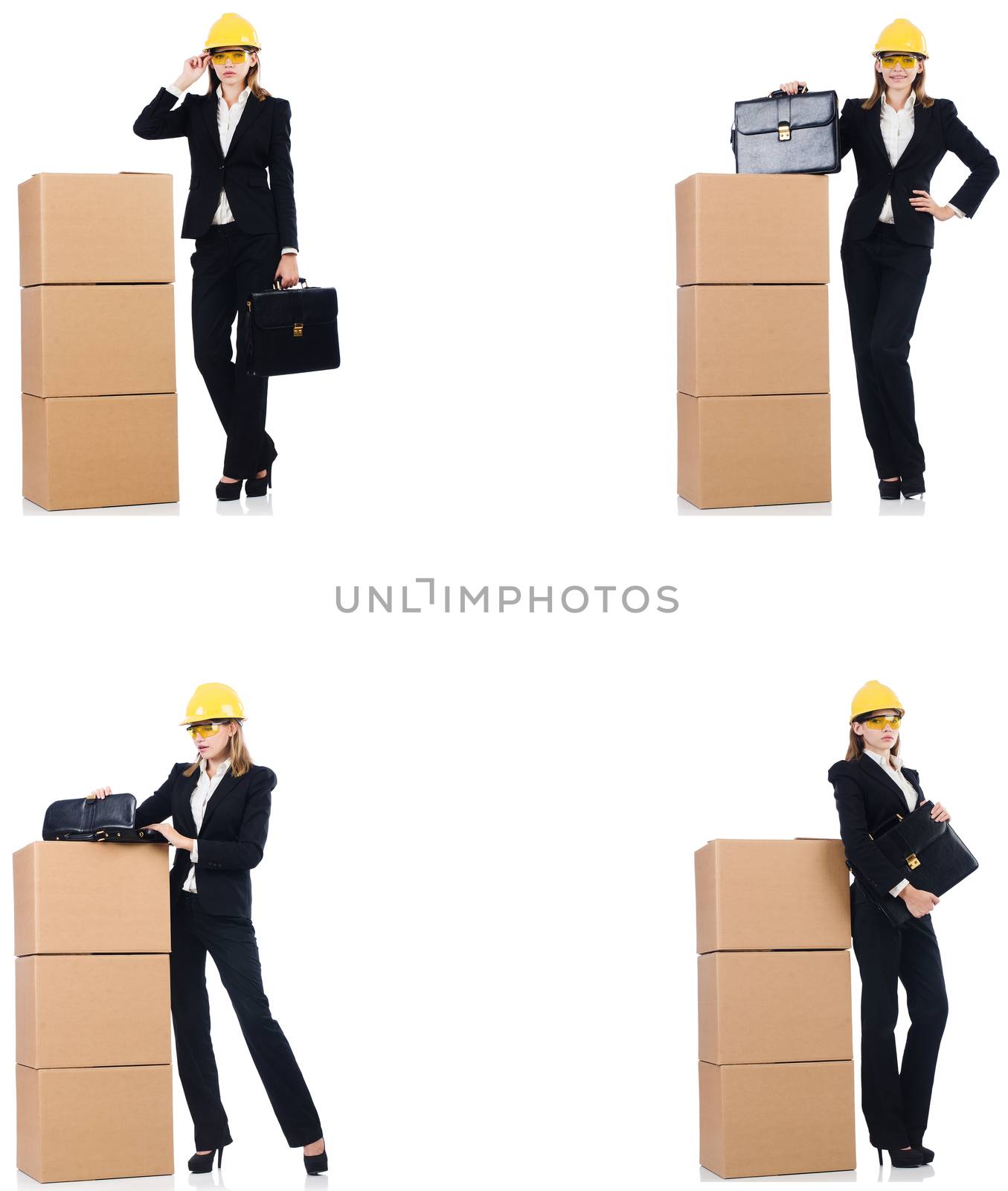 Woman builder with box isolated on white 