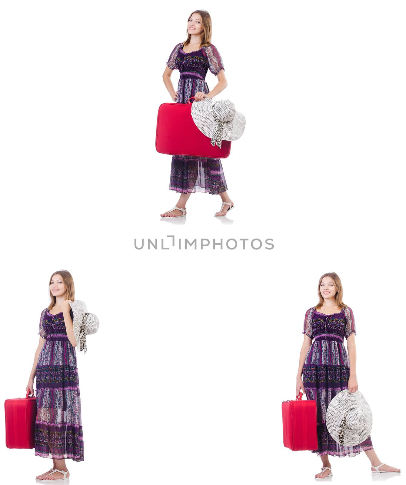 Young woman with suitcase isolated on white 