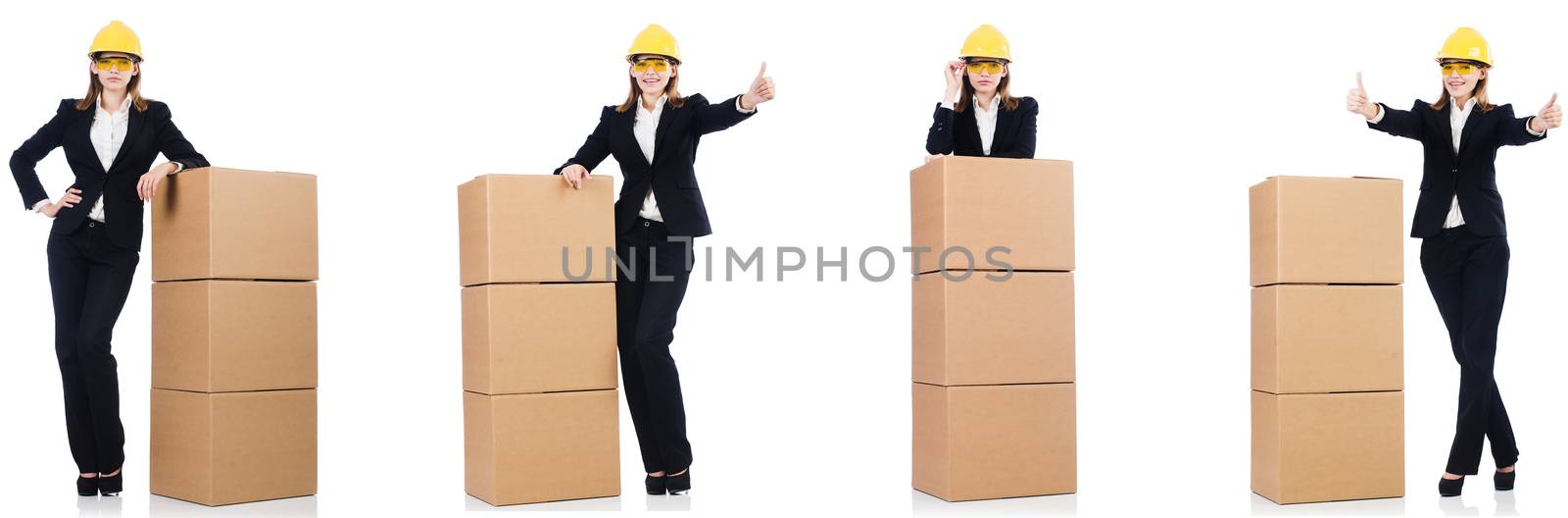 Woman builder with box isolated on white 