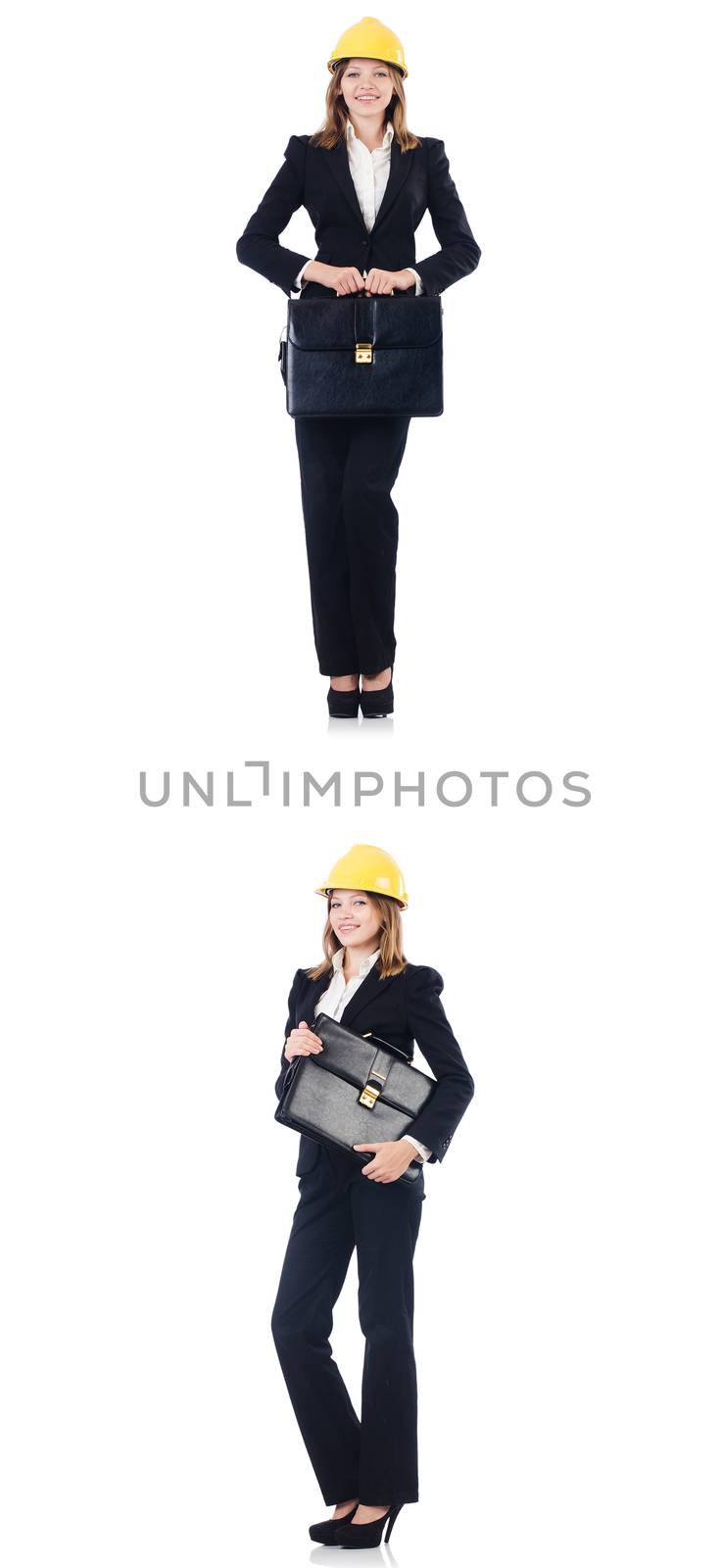 Female architect with bag isolated in white