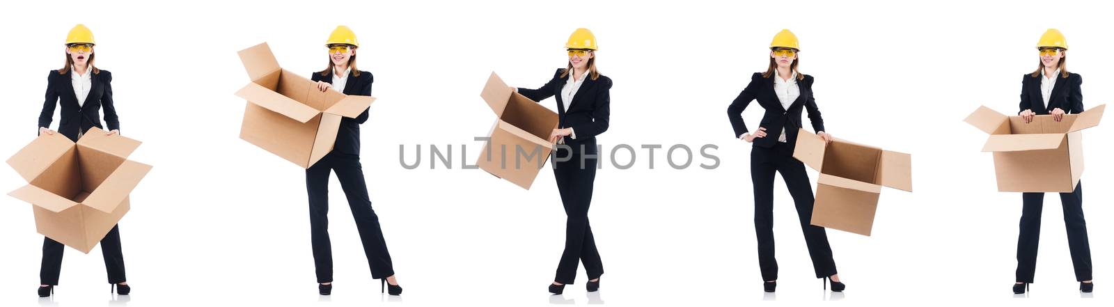 Woman builder with box isolated on white 