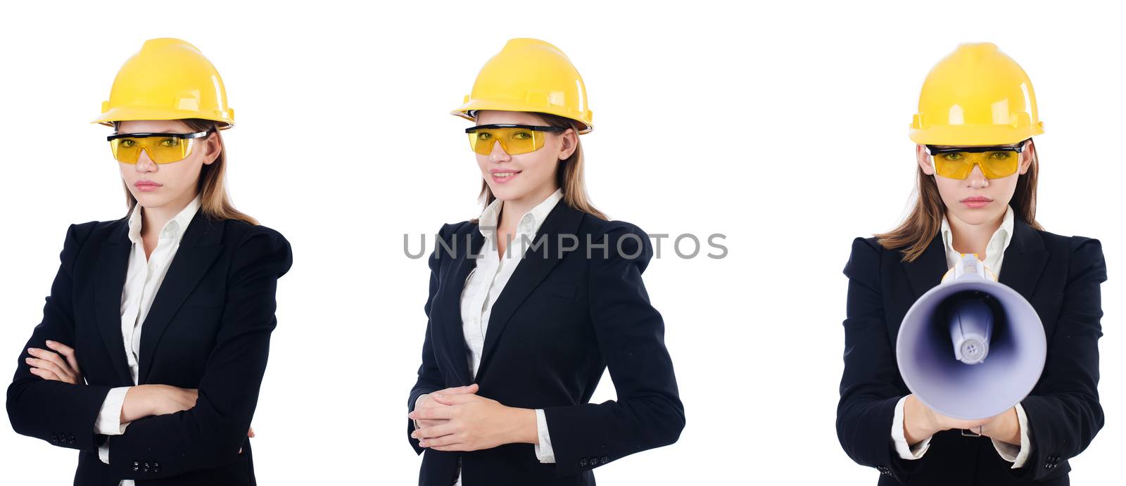 Female builder with megaphone isolated on white 