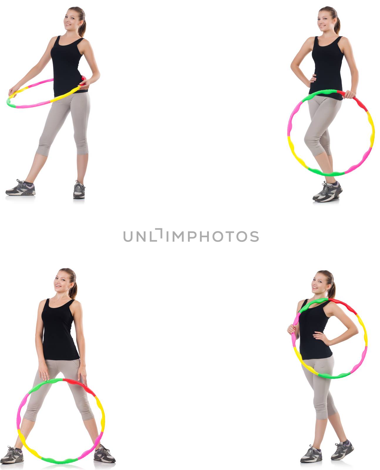 Young woman with hula hoop isolated on white 