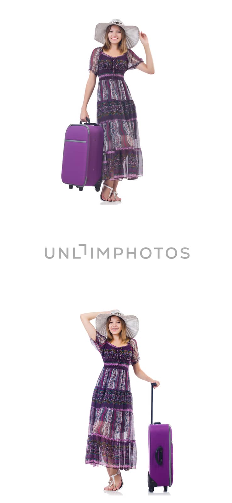 Young woman with suitcase isolated on white 