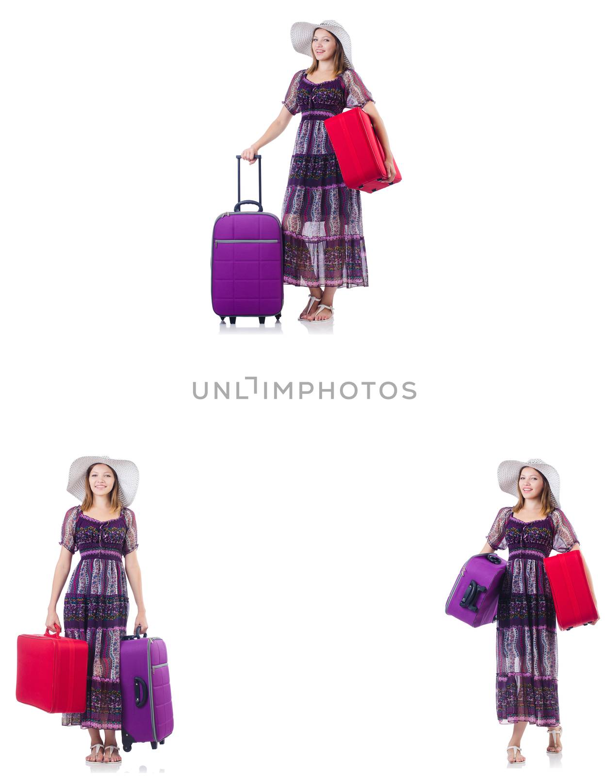 Young woman with suitcases isolated on white