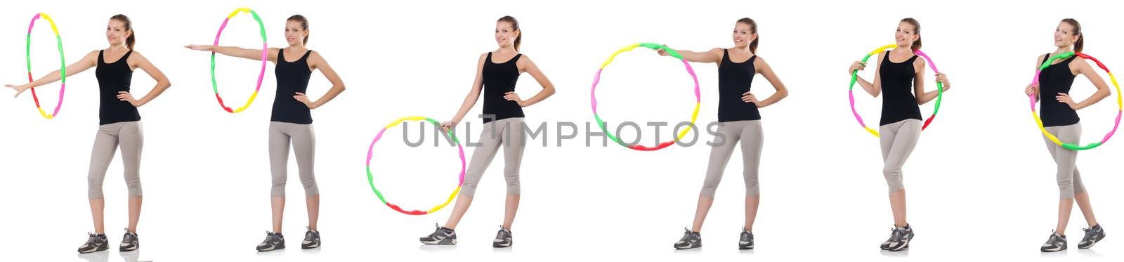 Young woman with hula hoop isolated on white 